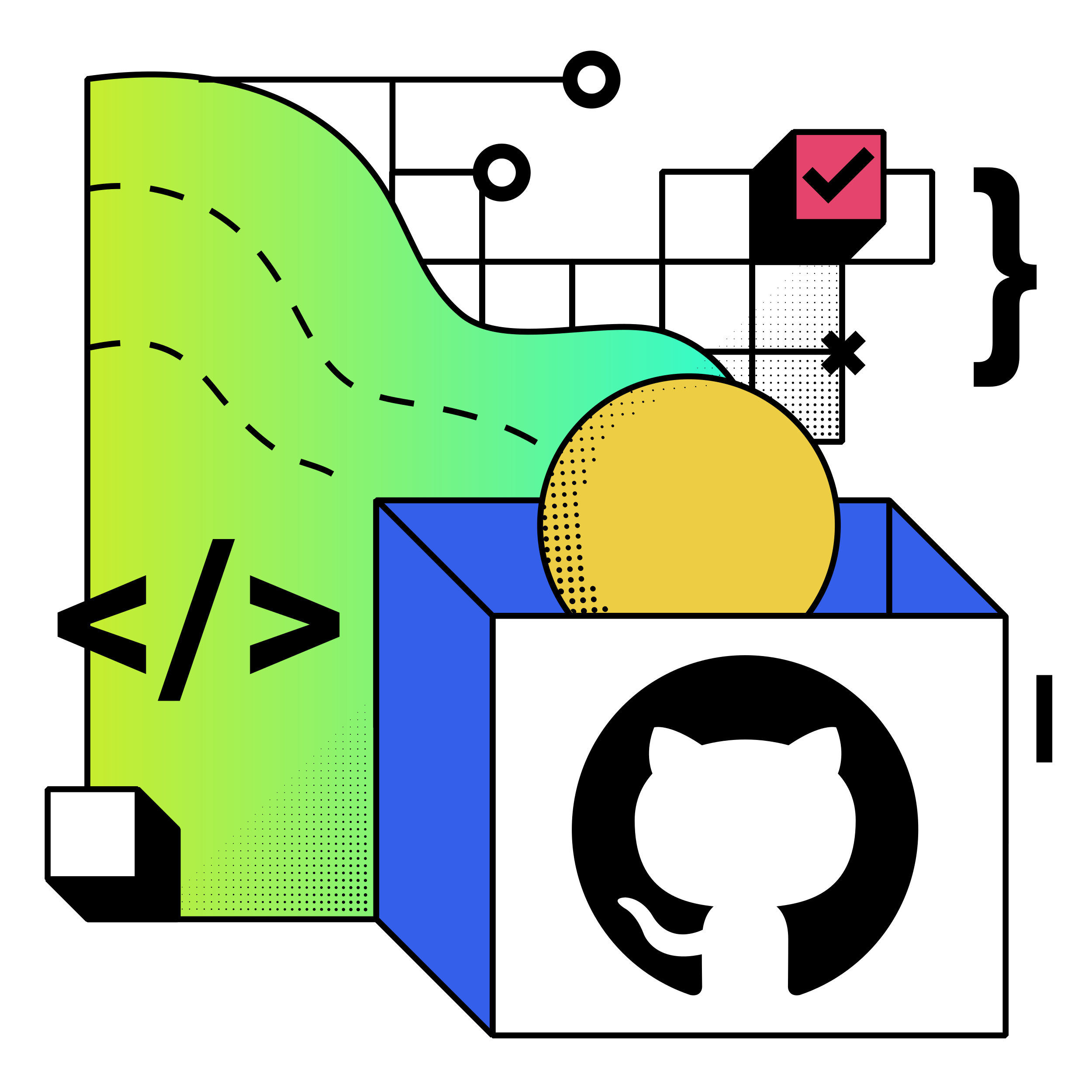 Memphis illustration of a cube with the GitHub logo