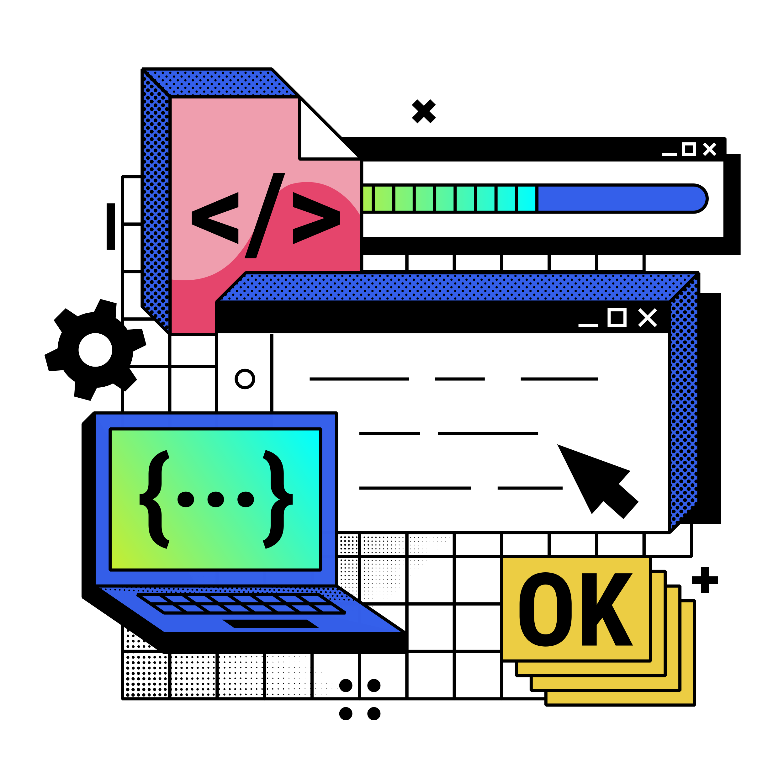 Memphis illustration of software development on a laptop