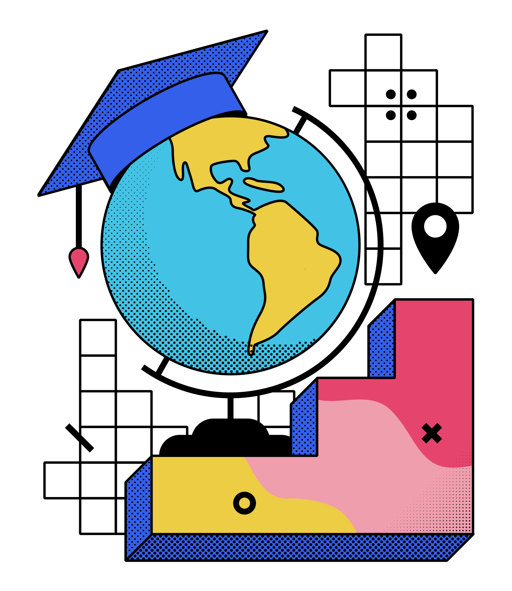 Memphis illustration of studying geography with a globe
