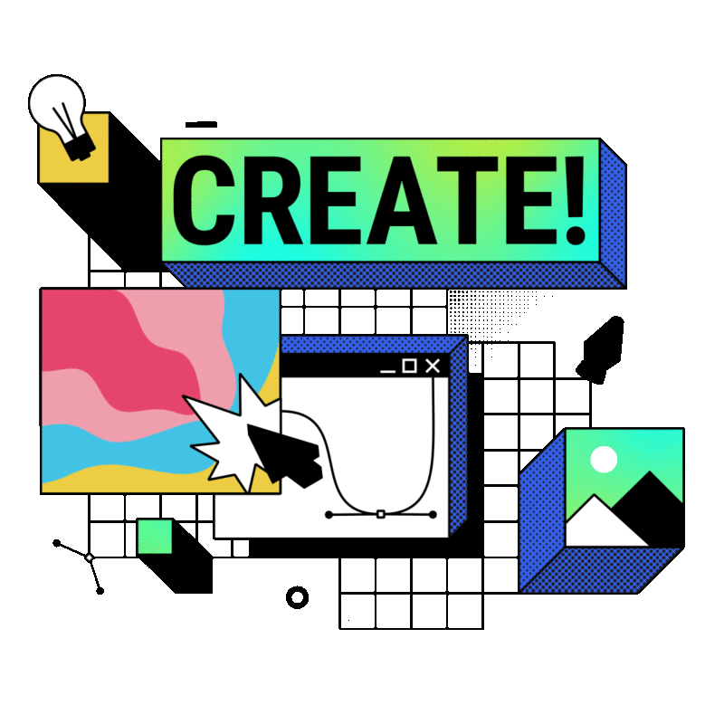 Animated Memphis illustration of a web design composition with the word CREATE